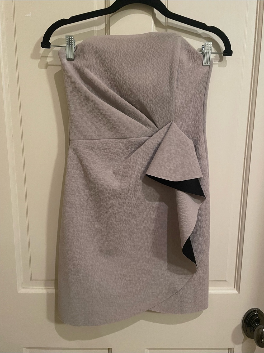 Strapless Tan and Black Cocktail Dress with Draped Ruffle